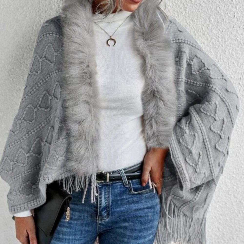 Gray Faux fur Trim Textured Knit  Open front Sweater Cardigan - Picture 6 of 9